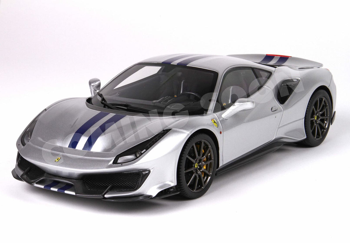 Ferrari 488 Pista - metal diecast - full open Argento Nurburgring with stripe blue - POLYFOAM PACK - HE180055B