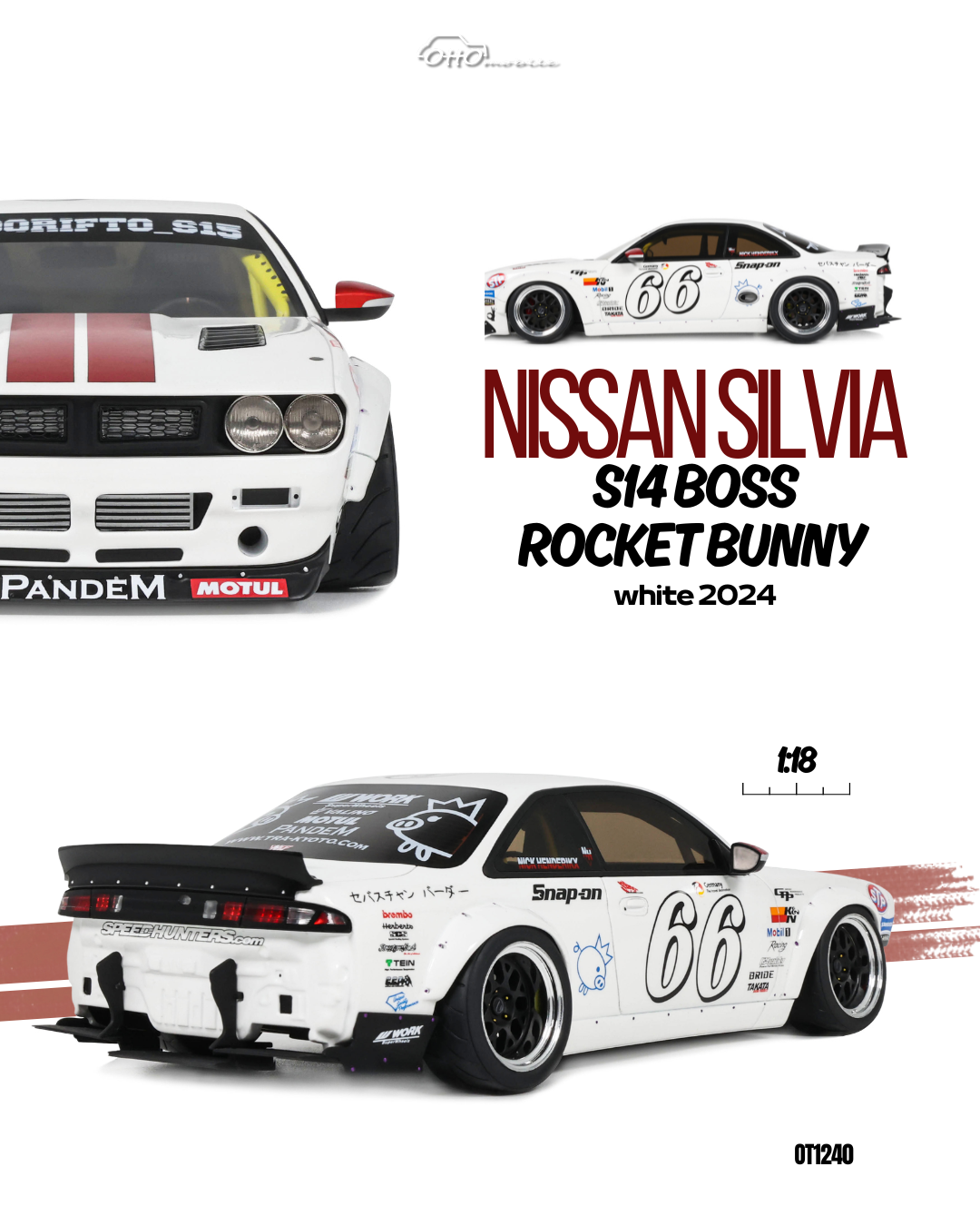 1:18 NISSAN SILVIA S14 BOSS ROCKET BUNNY WHITE 2024 - OT1240