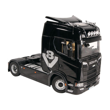 Scania V8 730S 4x2 Schwarz mit V8 Logo & Lohr Autotransporter