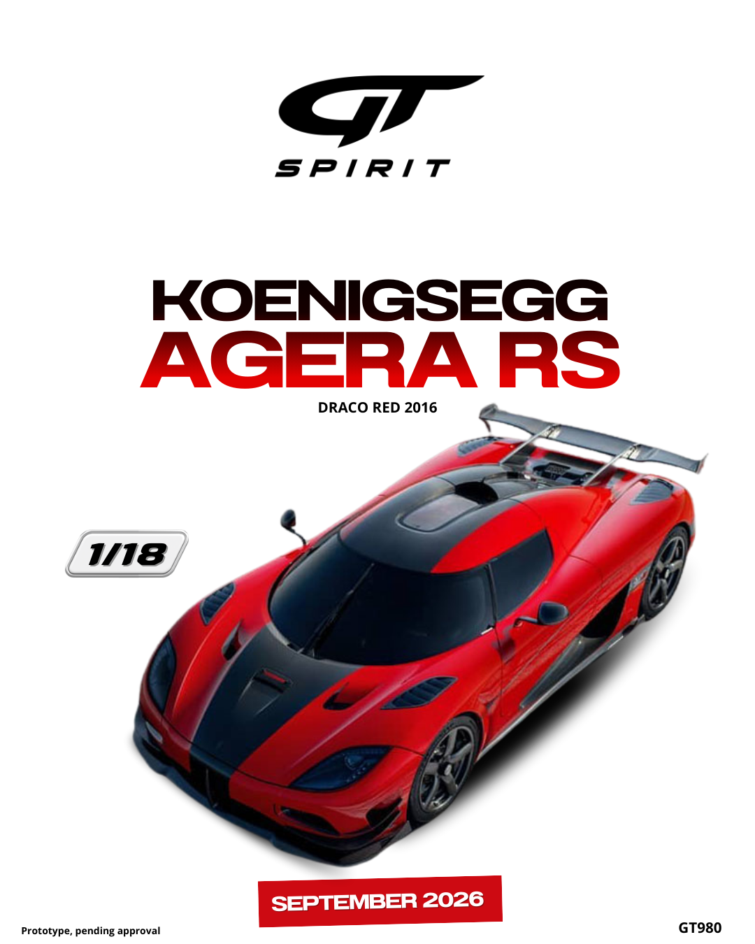 1:18 KOENIGSEGG AGERA RS DRACO RED 2016 GT980