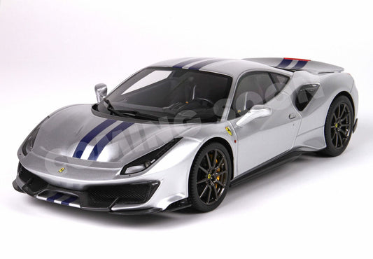 Ferrari 488 Pista - metal diecast - full open Argento Nurburgring with stripe blue - LUXURY PACK - BASE AND CASE INCLUDED - HE180055BDIE