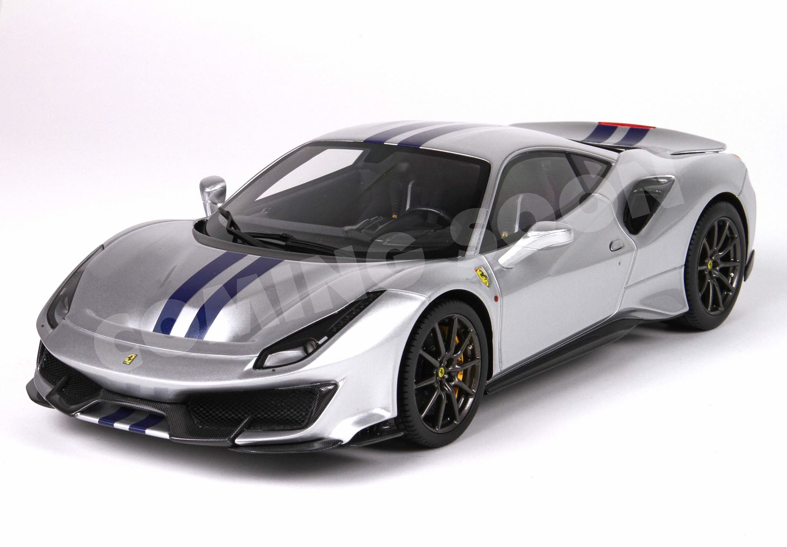 Ferrari 488 Pista - metal diecast - full open Argento Nurburgring with stripe blue - POLYFOAM PACK - HE180055B