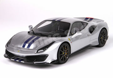 Ferrari 488 Pista - metal diecast - full open Argento Nurburgring with stripe blue - POLYFOAM PACK - HE180055B