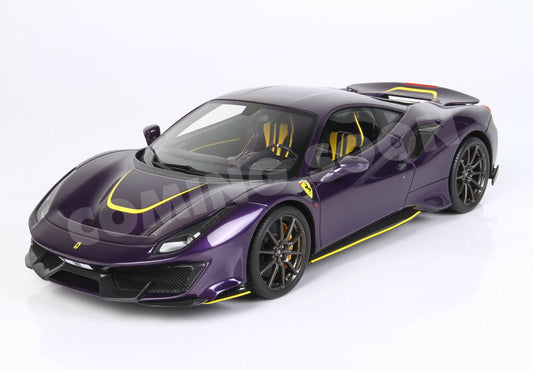 Ferrari 488 Pista - metal diecast - full open Violet Hong Kong with yellow accents - LUXURY PACK - BASE AND CASE INCLUDED - HE180055VIODIE