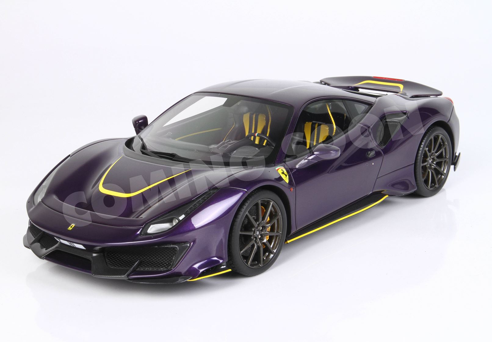 Ferrari 488 Pista - metal diecast - full open Violet Hong Kong with yellow accents - POLYFOAM PACK - HE180055VIO