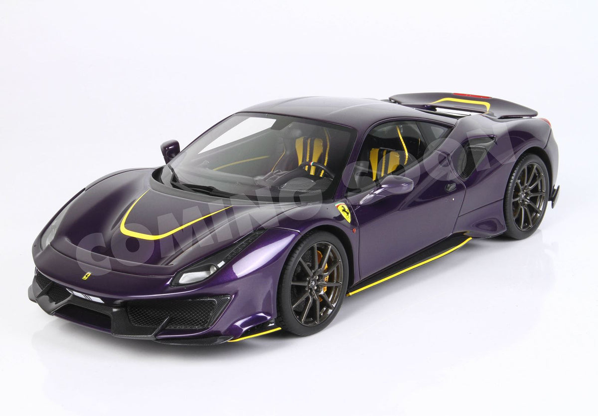 Ferrari 488 Pista - metal diecast - full open Violet Hong Kong with yellow accents - POLYFOAM PACK - HE180055VIO