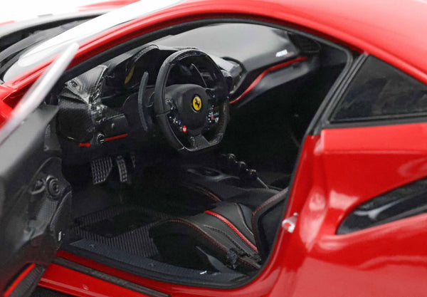 Ferrari 488 Pista - metal diecast - full open Rosso corsa con striscia - LUXURY PACK - BASE E VETRINA INCLUSE - HE180055DIE
