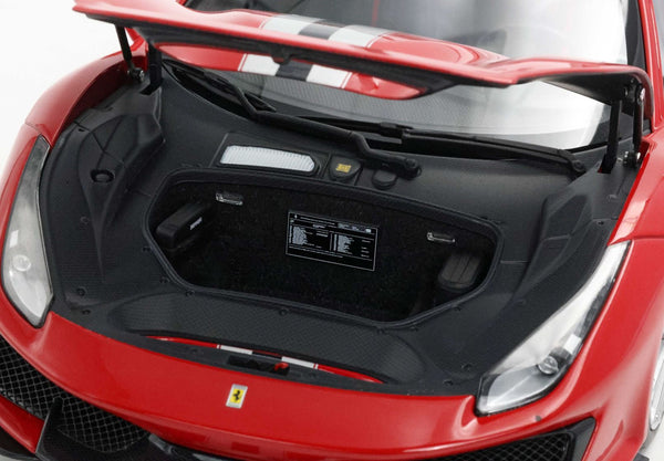 Ferrari 488 Pista - metal diecast - full open Rosso corsa con striscia - LUXURY PACK - BASE E VETRINA INCLUSE - HE180055DIE